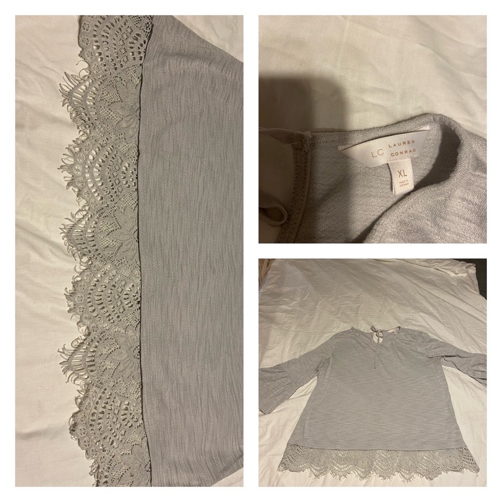Grey lace trim blouse. Lauren Conrad XL. Smoke free home